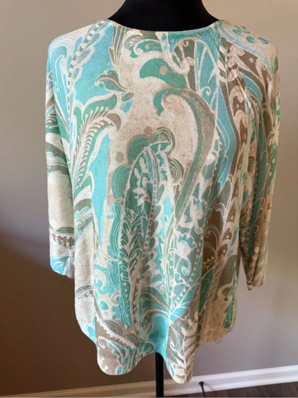 Chico's Turquoise, Beige & Cream Paisley Knit Sweater